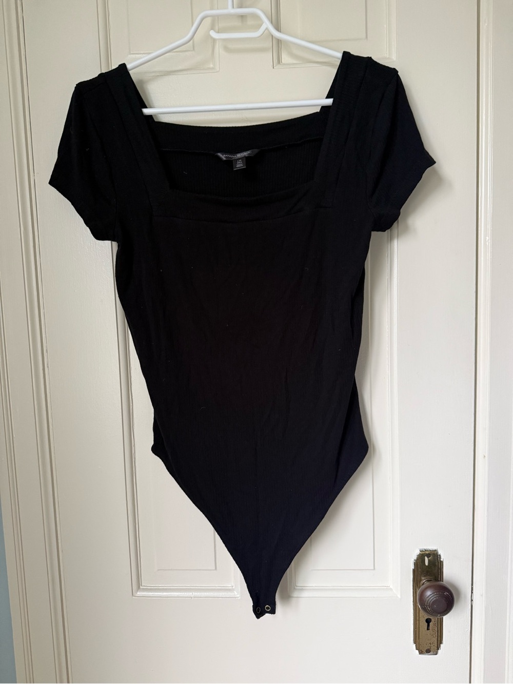 Banana Republic Ribbed, Stretchy Black Square Neck Short Sleeve Bodysuit, Large